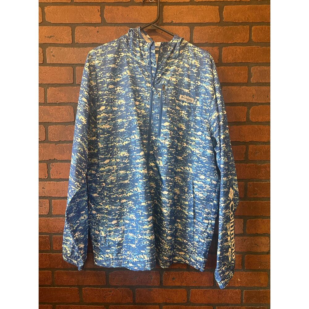 COLUMBIA BLUE WINDBREAKER MENS Large PFG ZIP UP JACKET PRINTED PATTERN GEOMETRIC
